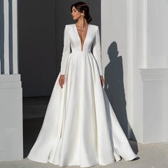 A-Line Wedding Dresses V-Neck Long Sleeve Dress Boho Beach Backless