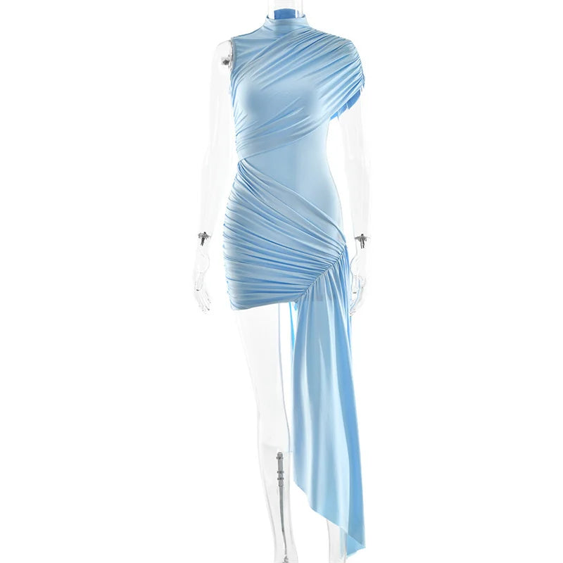 Balitops Summer Draped Ruched Sexy Mini Dress Women 2025 New Irregular High Waist Slim Fit Dress Female Elegant Club Tank Dress
