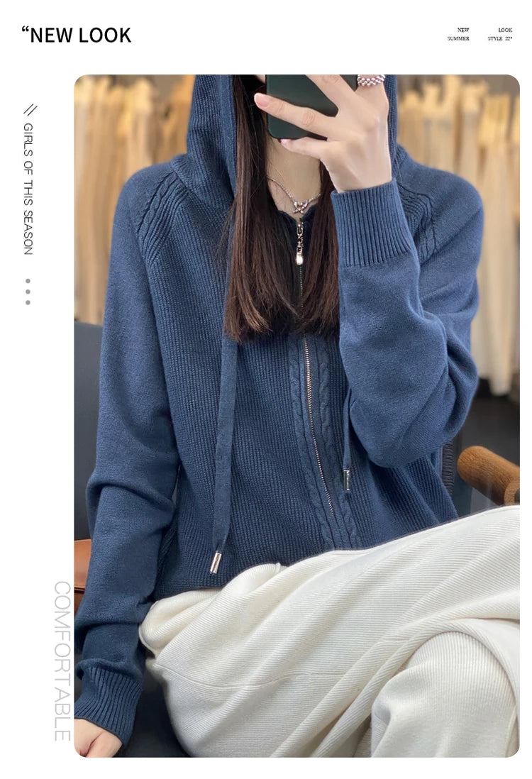 autumn and winter hooded cardigan women's knitted top loose sweater casual