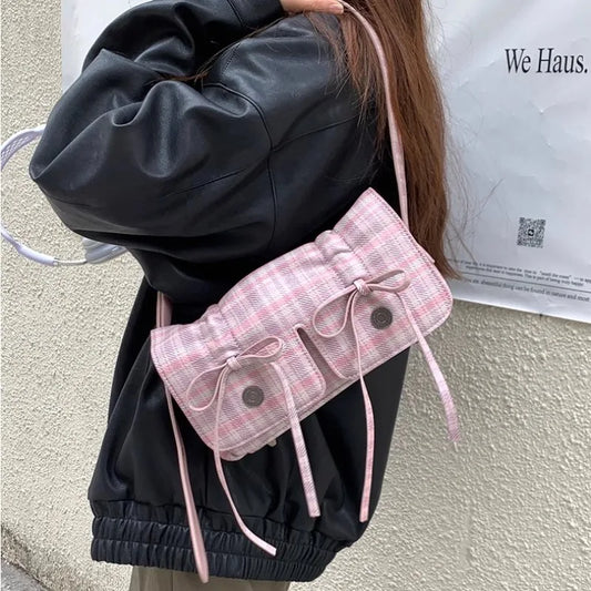 Plaid Pink Womens Shoulder Bag Pleated Casual Sweet Cute Fashion