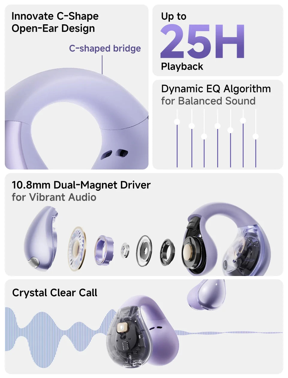 QCY Crossky C30 Open Ear Wireless Earphones Bluetooth 5.4 Spatial Audio Stable Fit OWS Earbuds 4 Mic ENC Multi-Point Connection
