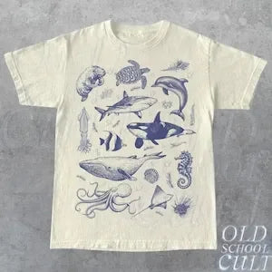 Vintage 90s Tattoo Sea Animal Tshirt, Retro Ocean Nature Shirt, Sealife, Ocean, Whale,