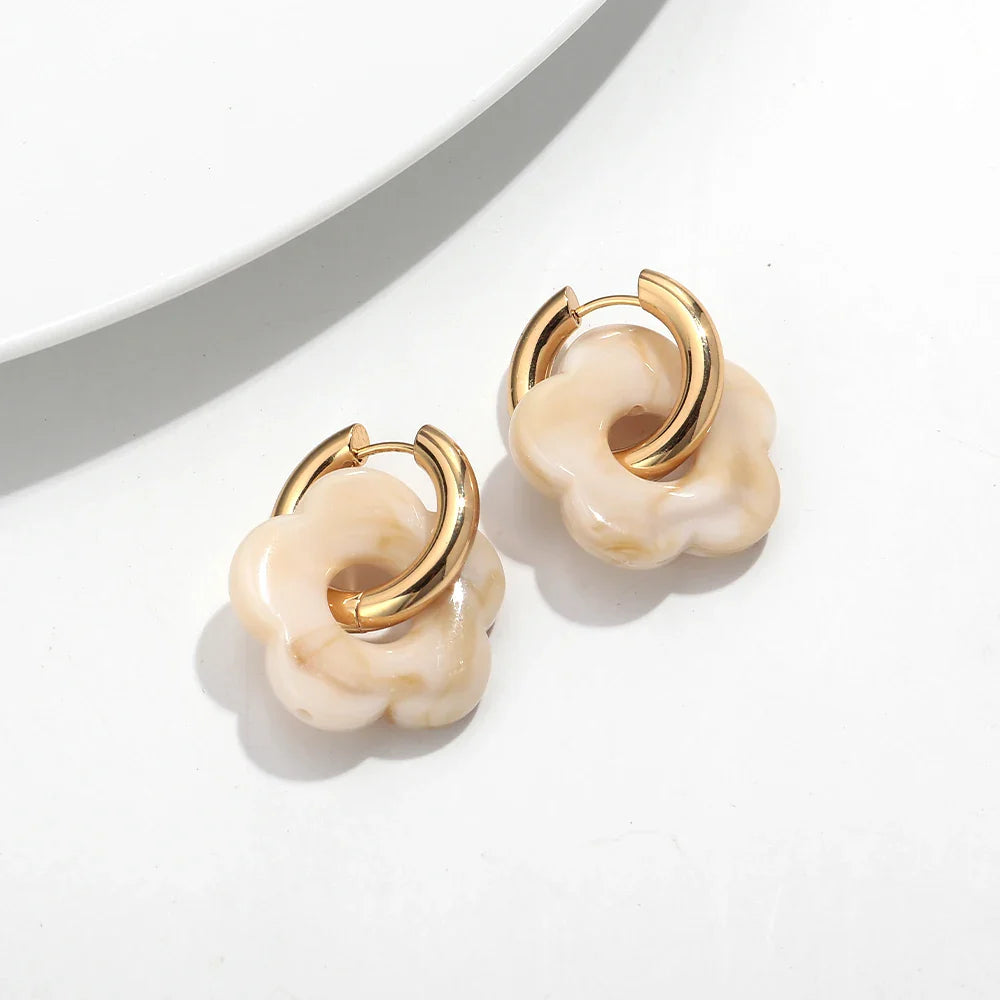 Colorful Flower Resin Acrylic Charms Earring Gold Color Circle Ear Buckle Hoop Earrings Fashion Jewelry for Women
