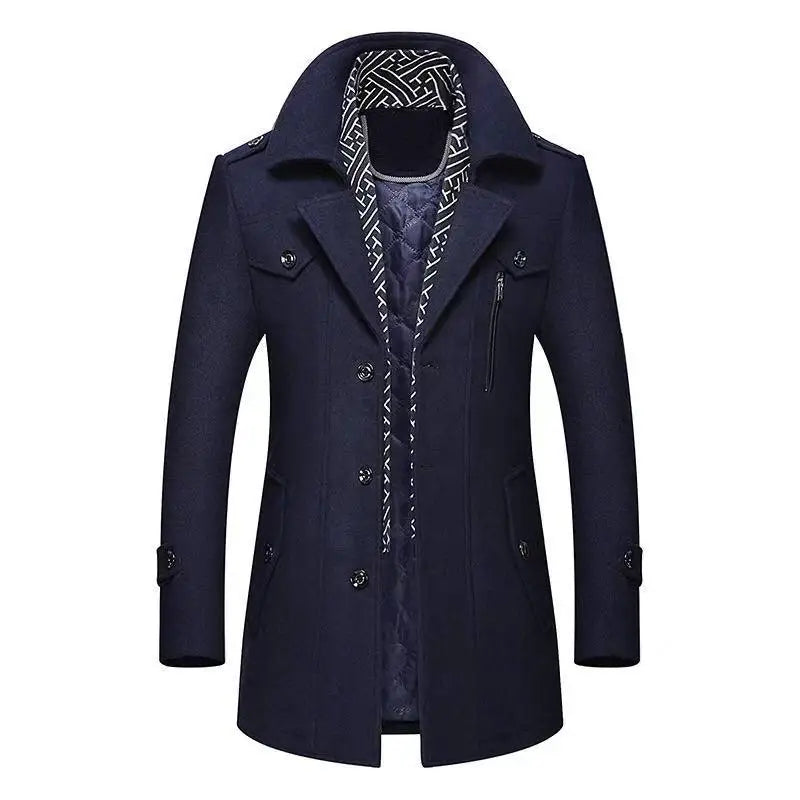 Winter Men Wool Coats Fashion Middle Long Scarf Collar Cotton-Padded Thick Warm