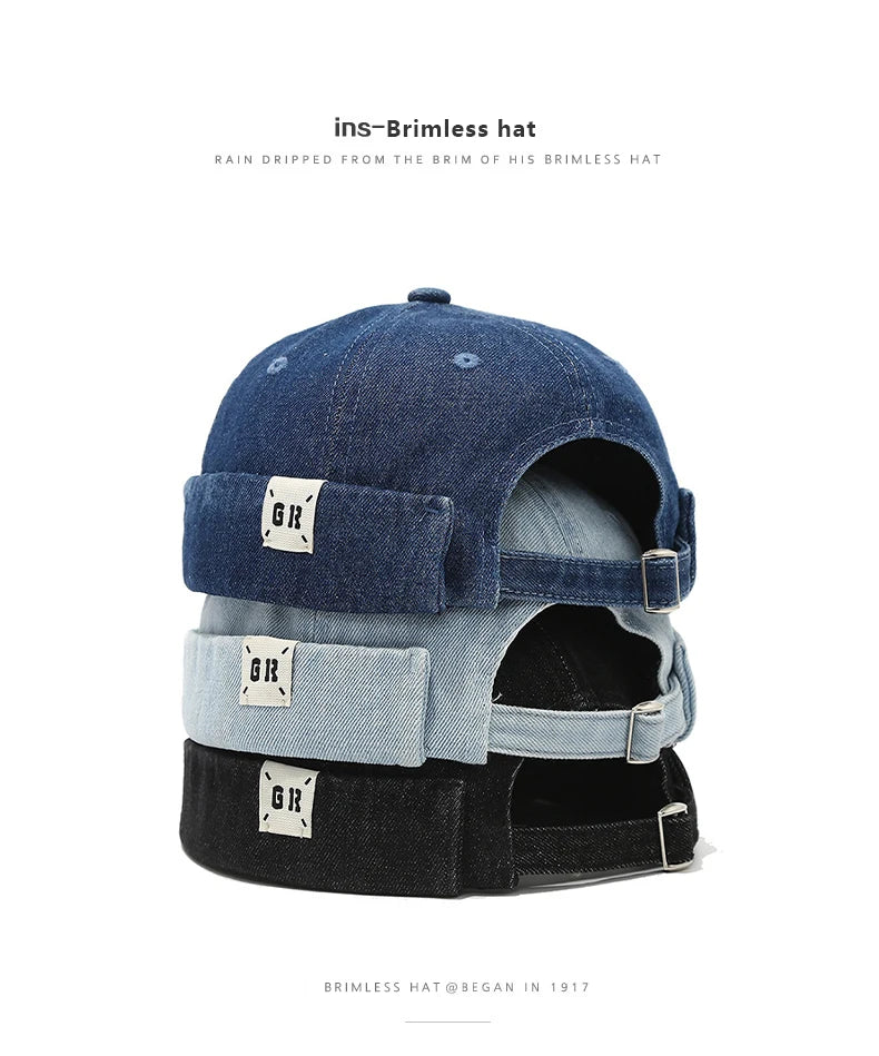 Bocca Denim Docker Cap Without Visor Letter Label Brimless Caps Adjustable Solid Color Hats Unisex Adult Retro Hip Hop Street