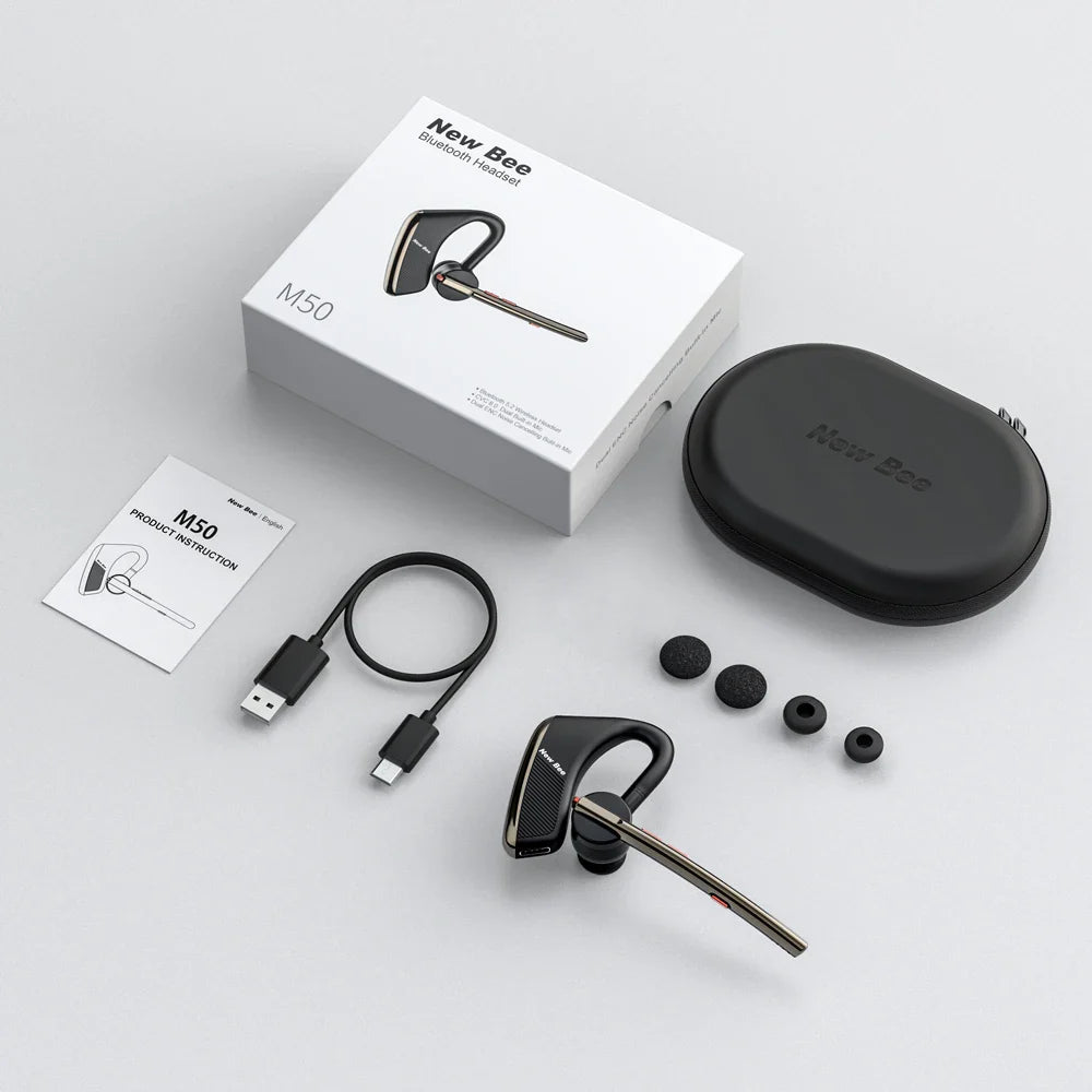 New Bee M50 Bluetooth Headset Wireless Earpiece Earphones 24 Hrs Talk Time V5.2 Headphones with Dual Mic CVC8.0 Handsfree