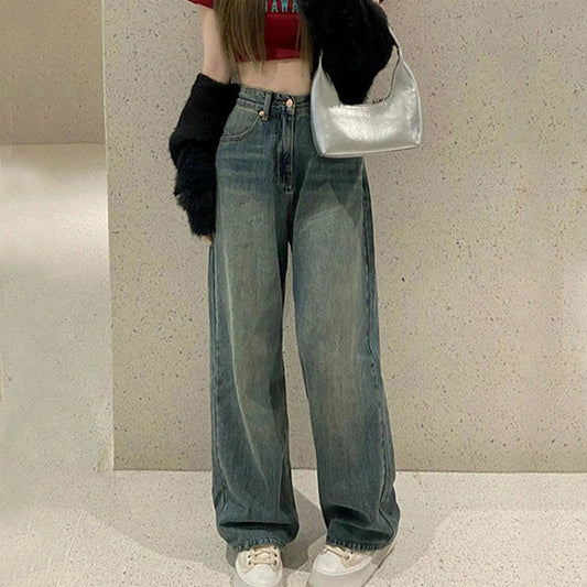 Women Vintage Streetwear Korean Baggy Blue Jeans High Waist Straight Wide Leg Pants