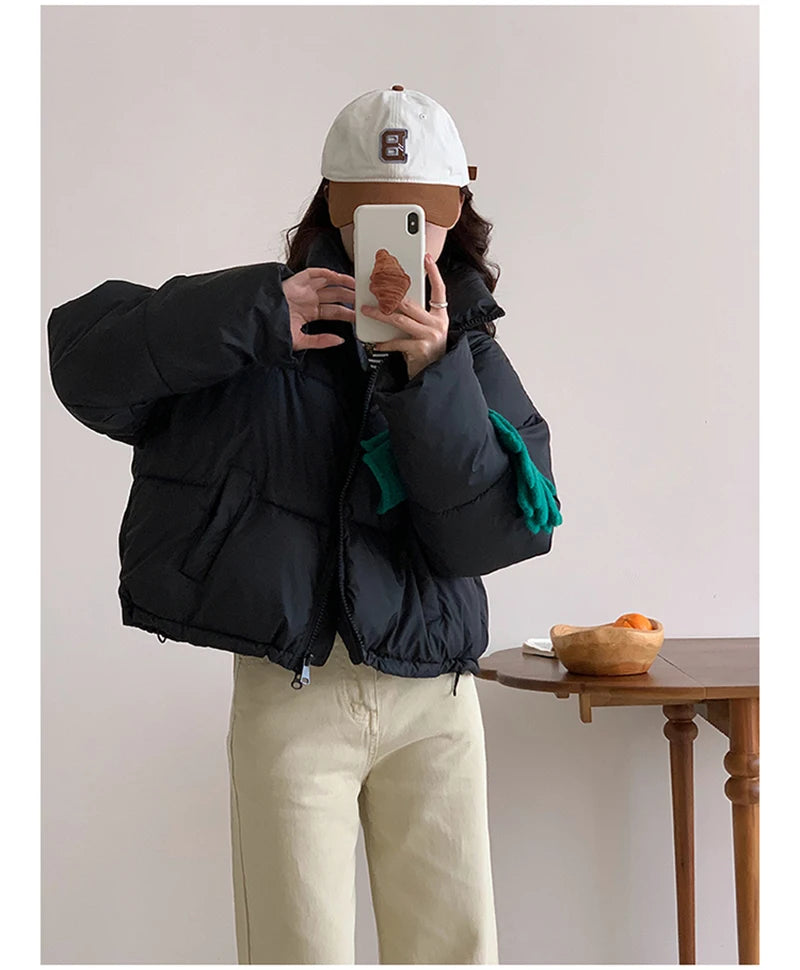 Korean Fashion Women Puffy Coats Simple Solid Loose Short Parkas Winter Thick