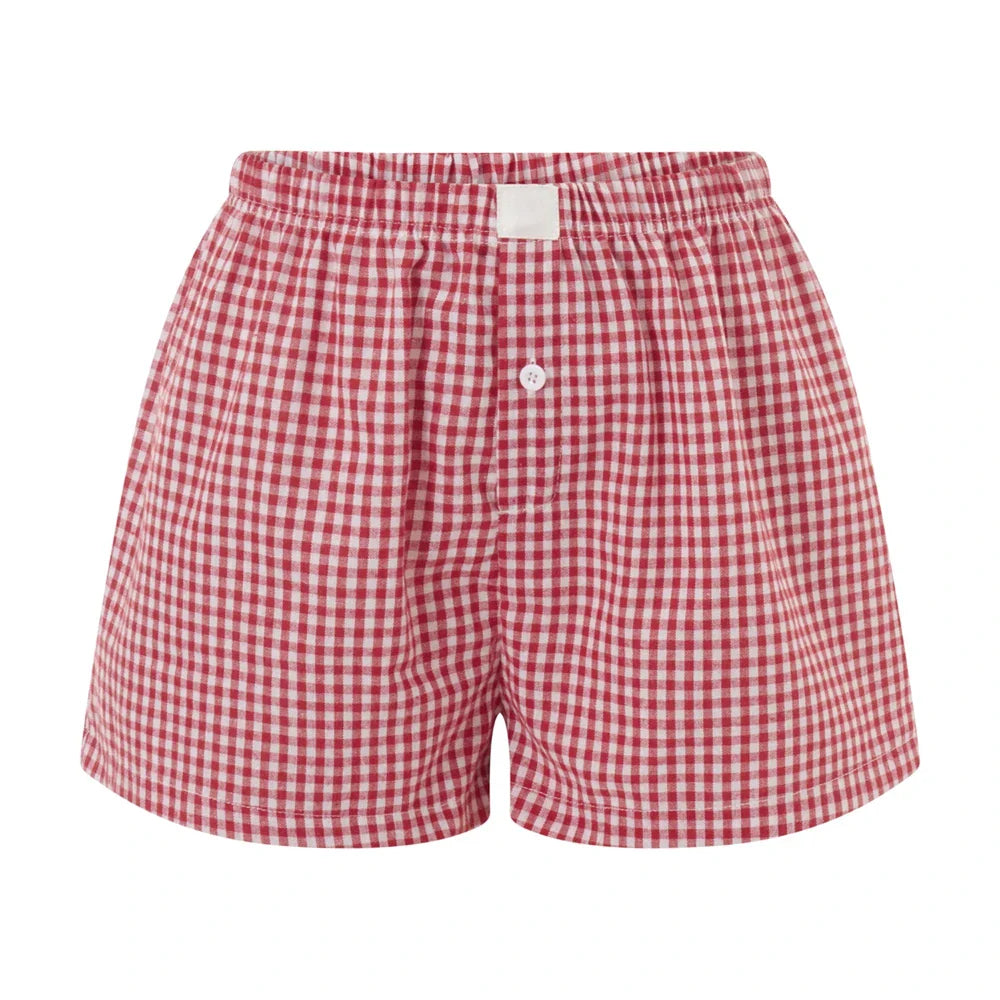 Women’s Y2K Retro Cleanfit Plaid Print Elastic Low Waist Button Front Aesthetic Loungewear Loose Shorts Boxers Streetwear
