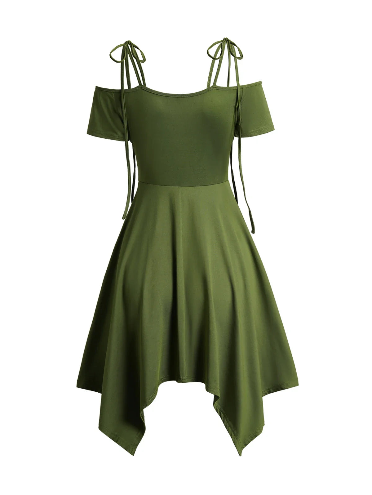 Dressfo Women's Dress Cold Shoulder Lace Up Asymmetric Dress Tie Knot Shoulder Chain Solid Color Short Sleeve Dress