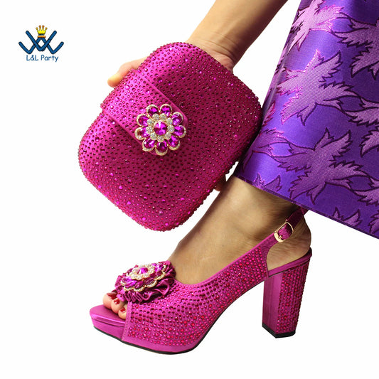 2022 Sweet  Special Design Women Crystal Style African Ladies Party Shoes Matching Bag in Magenta Color