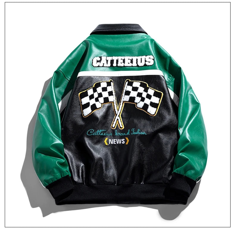 Unisex Embroidery Varsity Leather Jacket Harajuku Patchwork Streetwear Men Vintage
