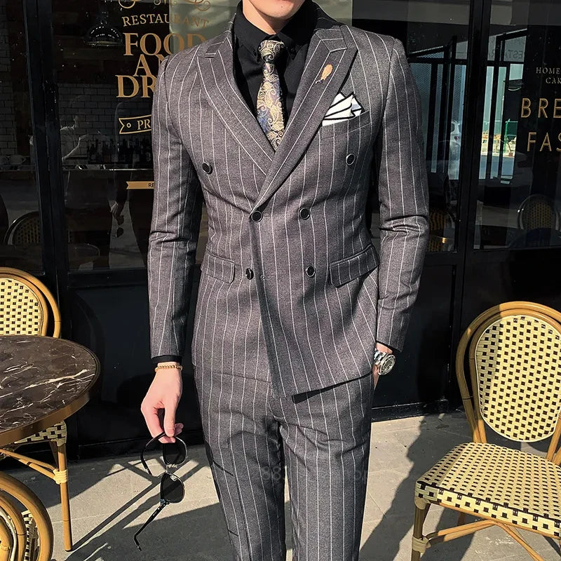 Tuxedo for Mens: Vertical Stripe Men's Suit Homme Slim Fit Business