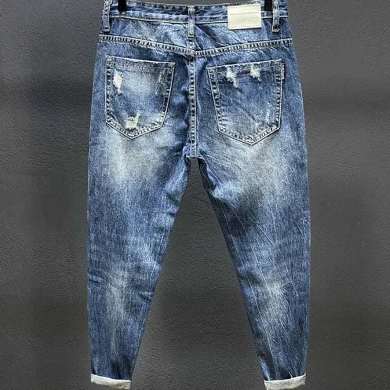 Torn Mens Cowboy Pants with Print Ripped Broken Holes Graphic Trousers