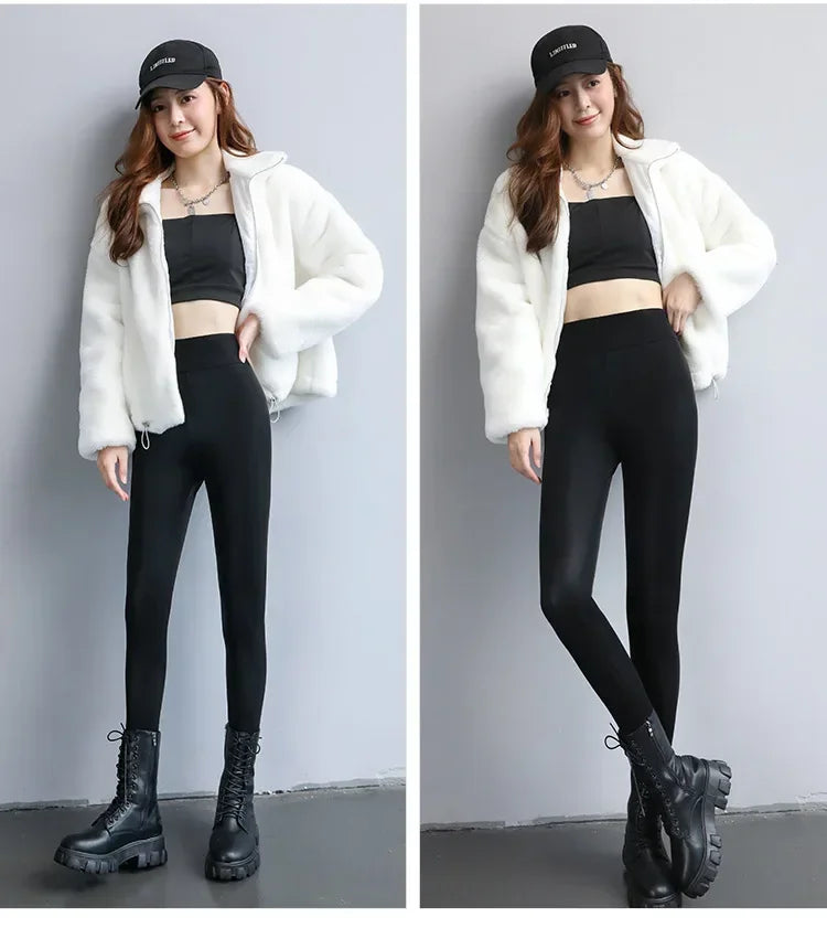 Women's Pants Velvet PU Leather Leggings Winter Ladies High Waist Fleece