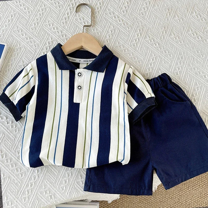 ‌New 2025 Boys Cotton Striped Shorts Set 2-Piece Summer Outfit Fashion Short Sleeve Casual Playwear Stylish Kids Clothing‌