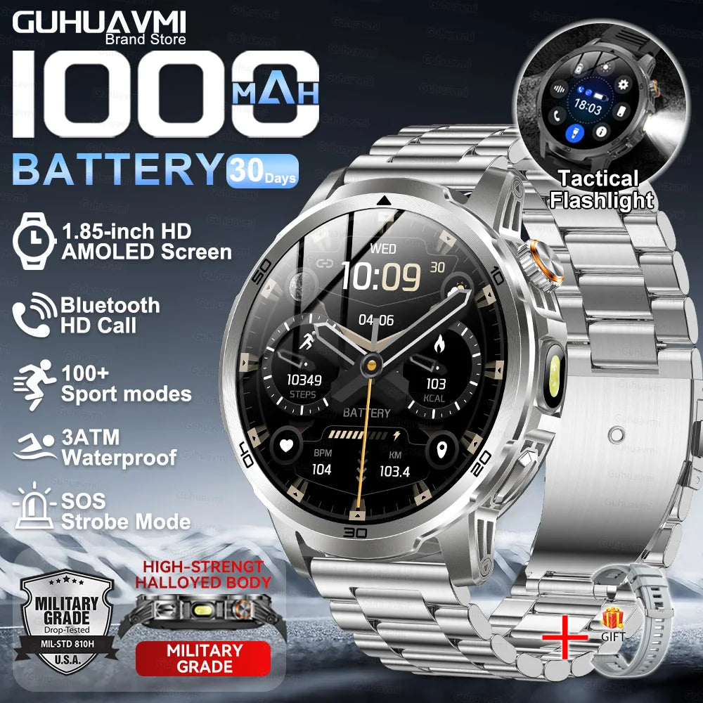 1000mAh Super Large Battery Military Smart Watch BT Call LED Flashlight SOS Alarm 5ATM Waterproof Outdoor Tactical Watches Men