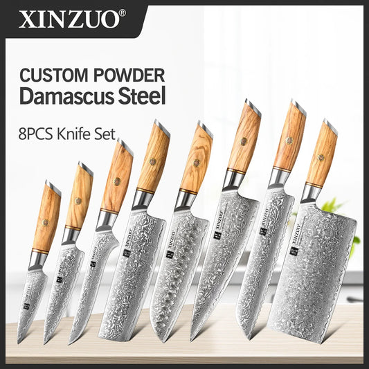 1-8pcs Kitchen Knife Set 73 Layers Custom Damascus Steel 15°±1 Per Side Steel Blade