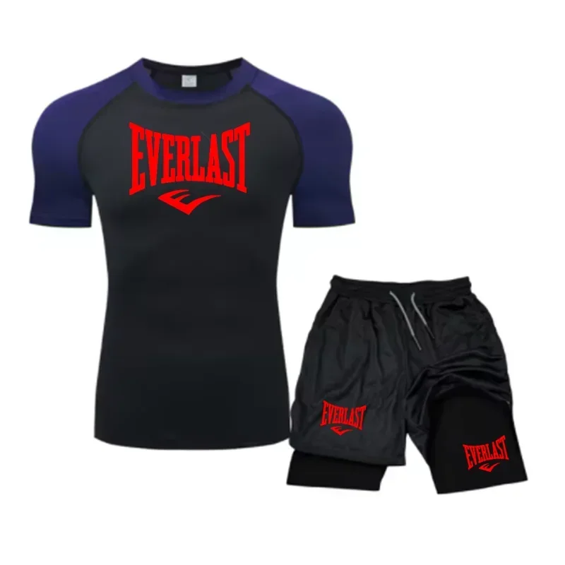 EVERLAST Men's Compress Shirt + 2-in-1 sports shorts 2pcs Set Leisure Breath Short Sleeve Sport Jogging Gym Brand Print Clothing