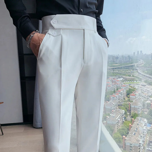 Solid High Waist Trousers Men Formal Pants Slim Fit Business Casual Suit Pants Hommes