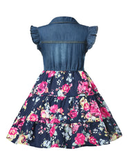 Summer Denim Dress Belted Above Knee Floral Bottom Girls Casual