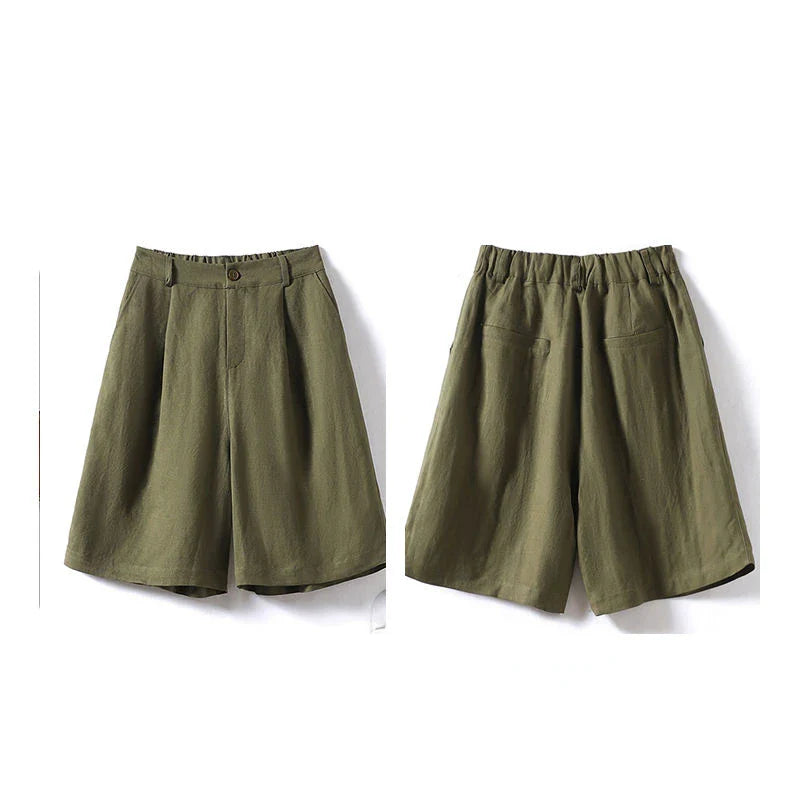 Cotton and Linen Shorts for Women Summer 2025 Loose High Waisted Wide Leg Pants Casual Versatile Solid Retro Straight Shorts