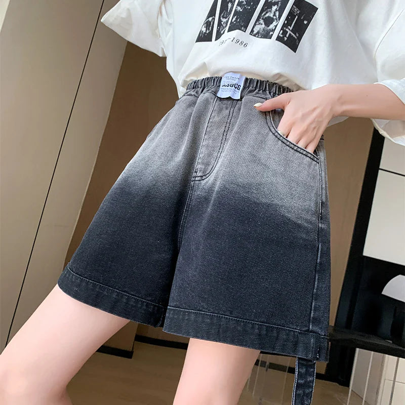 Gradient Plus Size Denim Shorts For Women Summer 2024 New High Elastic Waist Pockets Wide Leg Loose Jean Short Femme Hot Sale
