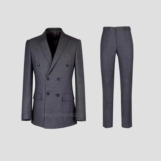 Slim Fit Gray Pinstriped Blazer Set Formal Business Peak Lapel Men Suits Party Wedding 3PCS Groom Tuxedos (Jacket+Vest+Pants)