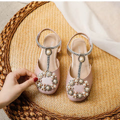 Children Sandals Pearl Rhinestone Kids High Heel Shoe Elegant Baby Girls