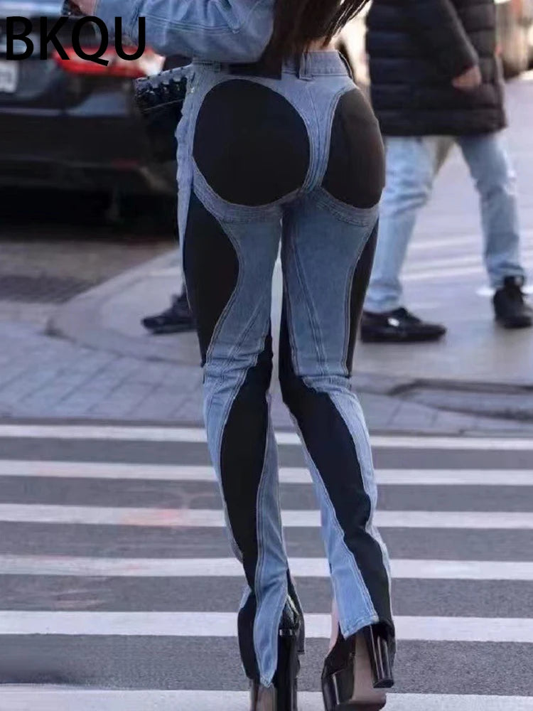Elastic Skinny Pencil Jeans Women Y2K High Waisted Contract Color