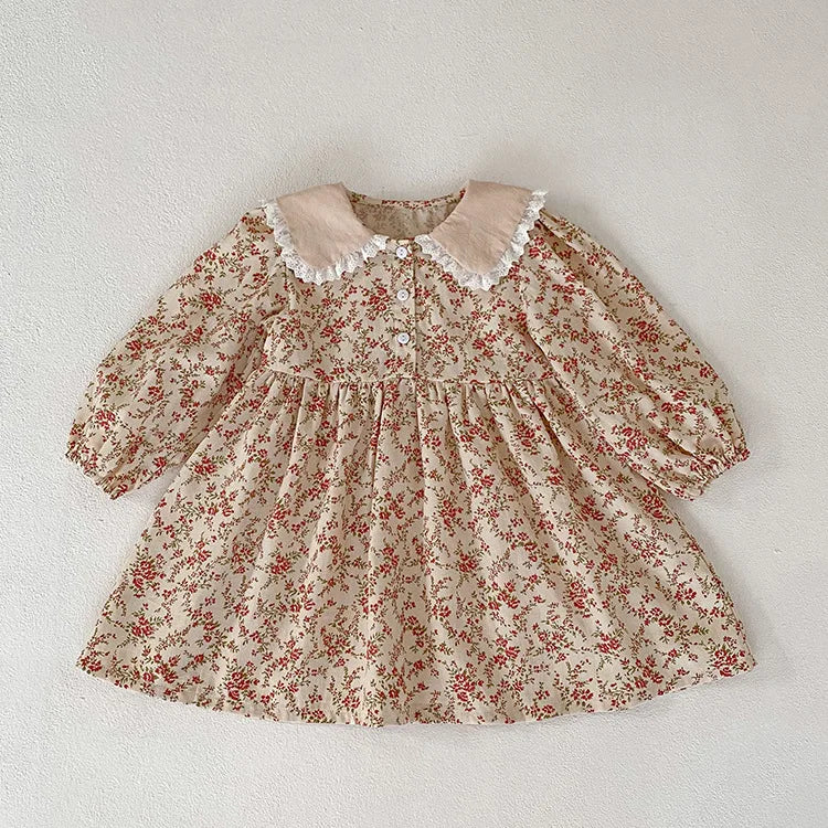 Sweet Kids Baby Girls Long Sleeve Flower Printing Princess Dress Autumn Baby Girls