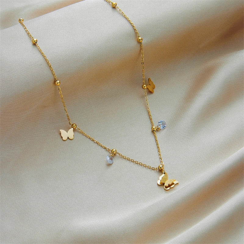Stainless Steel Geometry Star Moon Butterfly Pendant Multilayer Chain Choker Necklace