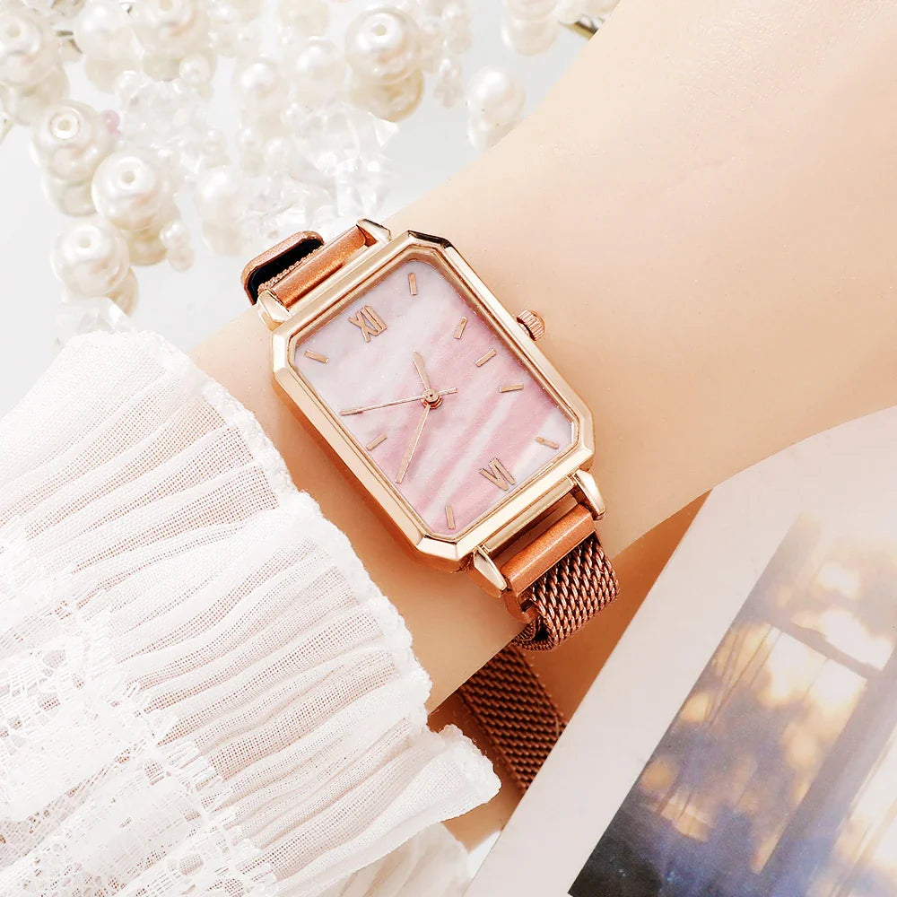 Women Watches Fashion Square Ladies Quartz Watch Bracelet Set Green Dial Simple Rose Gold Mesh Luxury Women Watches