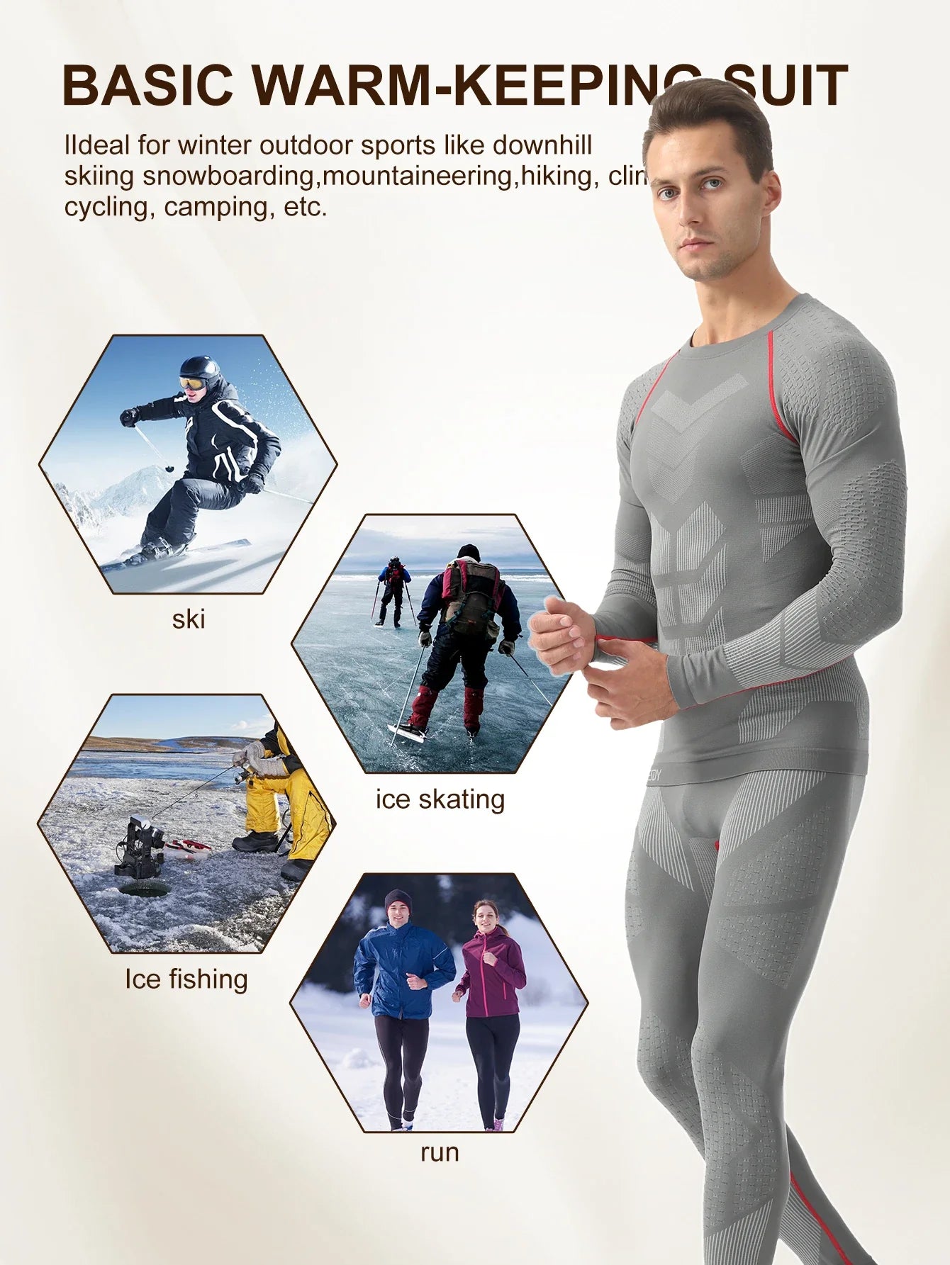 Esdy 1 Set of Men's Sports Compression Thermal Suit Winter Thermal Compression Long-Sleeve Long Pants Breathable High-Elastic Cold-Proof Sports Suit Winter Outdoor Sports Climbing Fishing