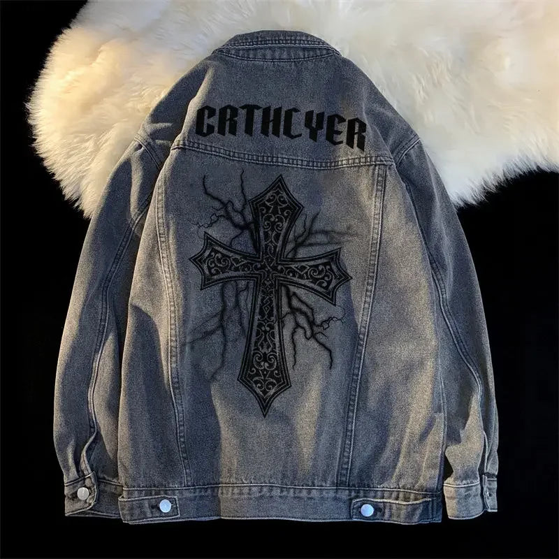 Cross Letter Printed Denim Jacket Man Woman American High Street Spring Lapel  Coats