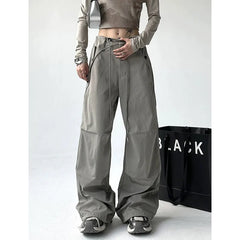 Women's Grey Drawstring Cargo Pants Fashion Y2k High Waist Pocket Straight Pants