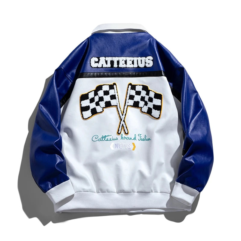 Unisex Embroidery Varsity Leather Jacket Harajuku Patchwork Streetwear Men Vintage
