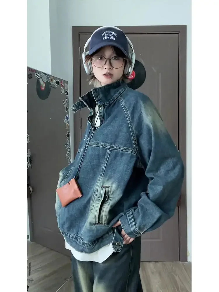 Vintage Street Denim Sweatshirt Men Women Distressed High Neck Loose Denim Jacket