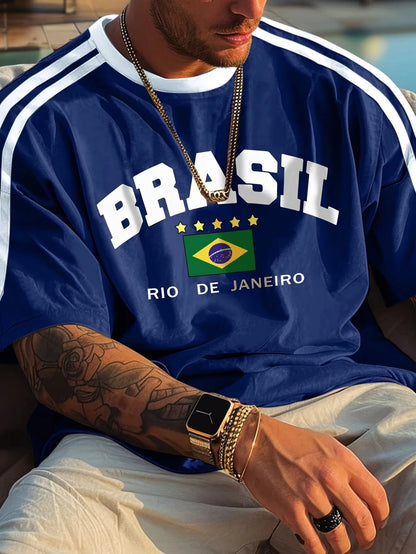 2025 Summer New Five Star Brazil 3D Printed Men's Short sleeved O-neck T-shirt Retro Casual Sports Oversized Top