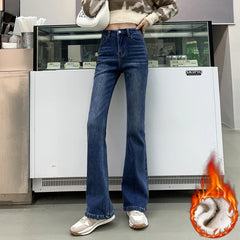 Winter Warm Women's Jeans Fashion Slim Thicken Fleece Flared Pants