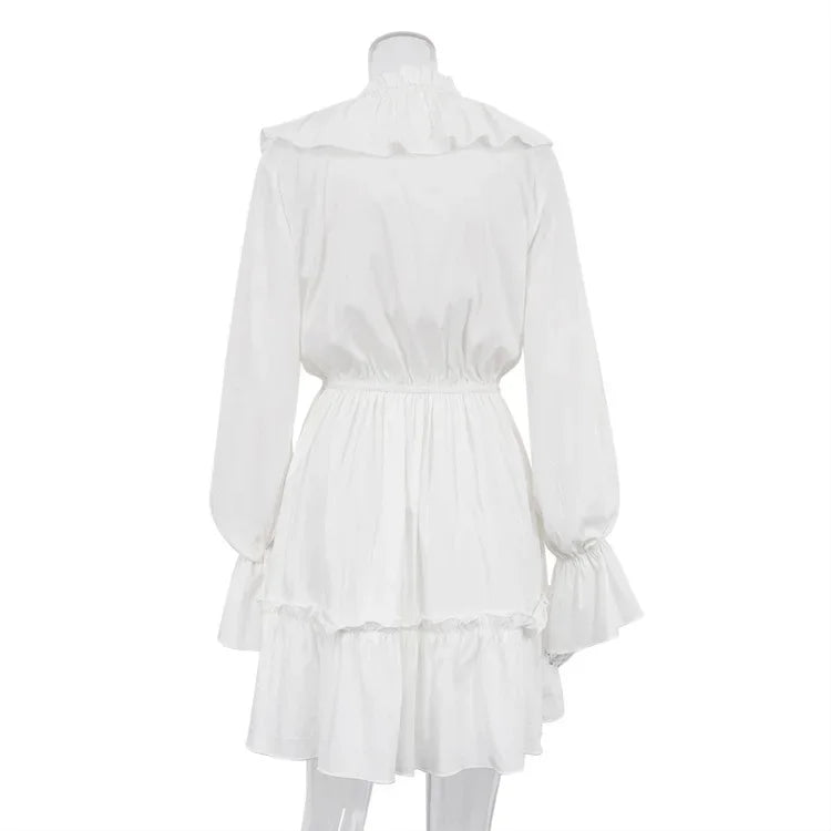Talenza White Ruffle Bandage Mini Dress Women's Elegant Patchwork Long Sleeve Dress New Slim V Neck Lace Up Summer Mini Dress