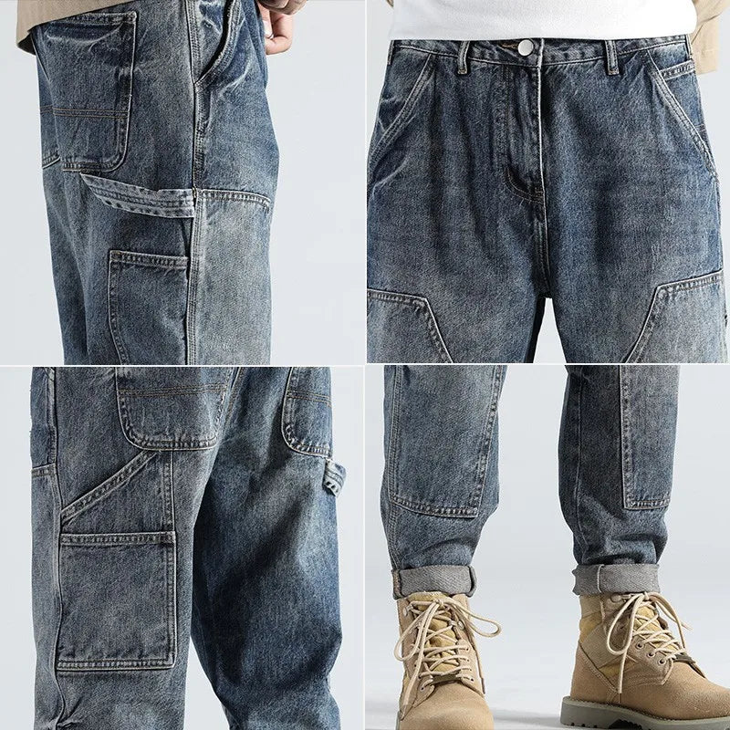 Fashion Retro Straight Loose Large Size Cargo  Jeans Men's Brand Autumn