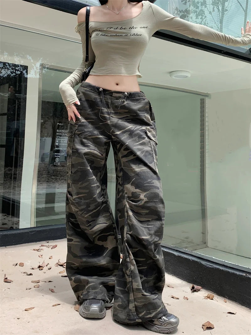 Low Rise Jeans Y2k Ladies American High Street Baggy Pants Woman Camouflage