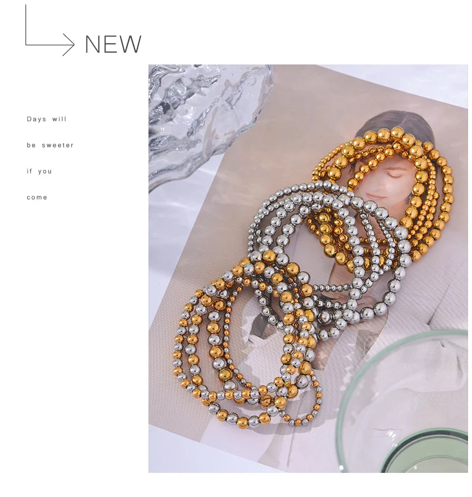 Yhpup 3/4/5/6 MM Stainless Steel Beads Daily Handmade Elastic Bracelet Bangle Waterproof Wrist Wholesale Gold Color Jewelry Men