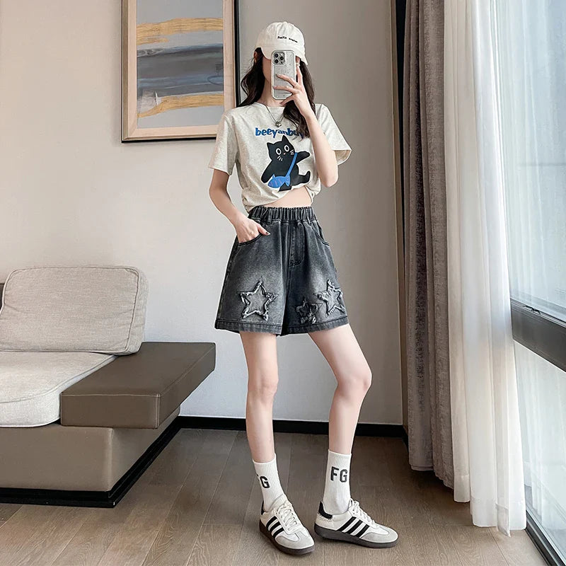 L-6XL Plus Size Denim Shorts For Women Summer 2025 High Waist Black Loose Wide Leg Short Jeans Women Star Large Size Short Jeans