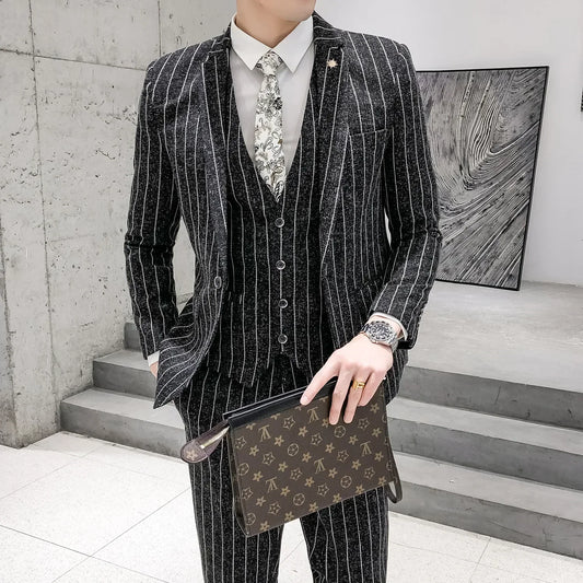 3 Pcs Suit Set Jacket Pants Vest Men's Casual Boutique Business Linen Striped Slim Formal Dress Blazers Coat