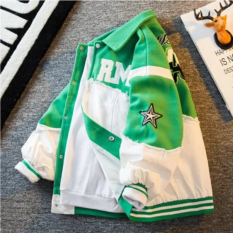 American retro denim stitching fashion embroidered jacket men's