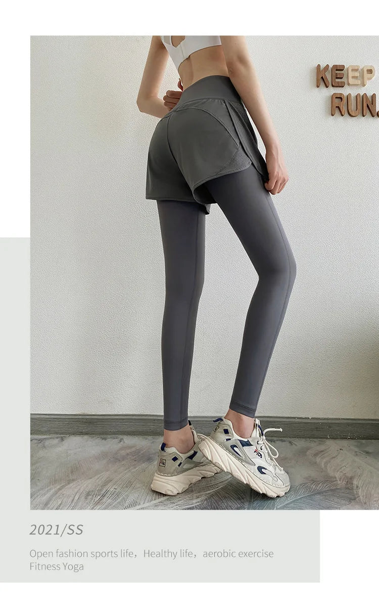 Women Gym Yoga Pants Fake 2 Pieces Sports Pants With Shorts Quick Dry Outdoor