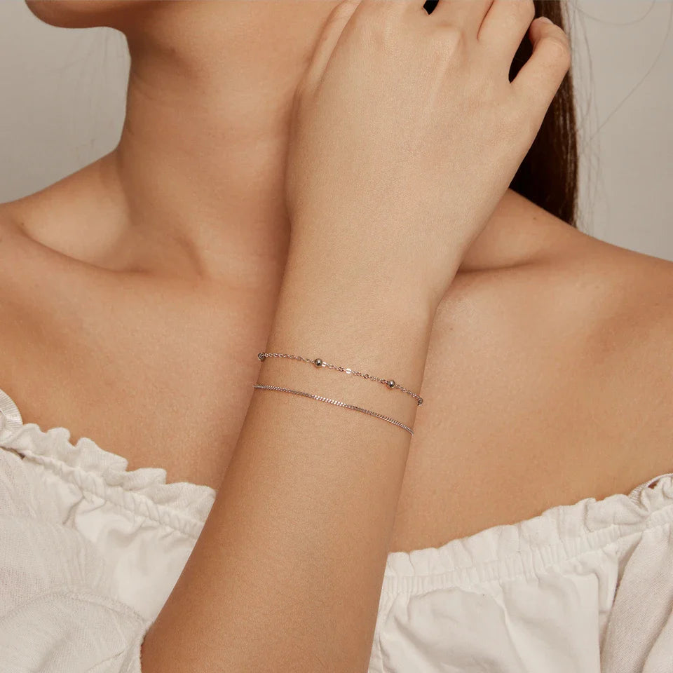 BAMOER 925 Silver Chain Bracelet Double Layers Round Beads Link Chain Bracelets Women 7.48'' Adjustable 14K Gold Plated Jewelry