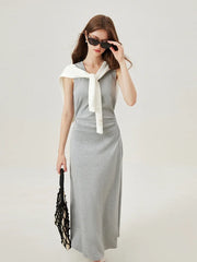 FSLE T-Shirt Dress Sleeveless Long Spilt Grey Dresses Pleated Short Sleeve